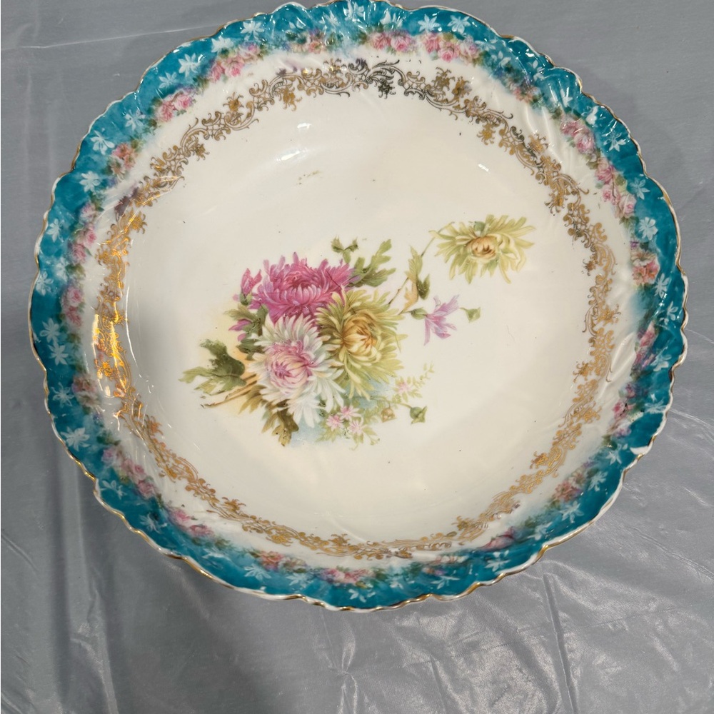 Vintage Floral Serving Bowl Teal Blue Gold Gilt Cottagecore Decor